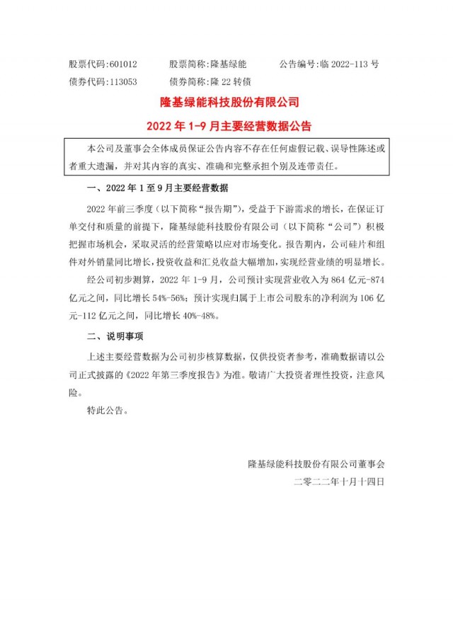 隆基綠能：營收或超864億，預(yù)計前三季凈利或在106億元-112億元之間